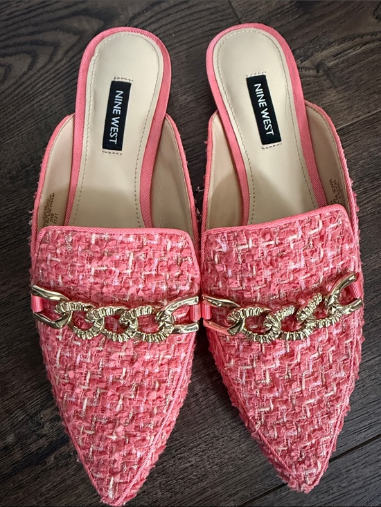 Nine West Shoes - Nine West Pink Tweed Pointed Mules with Gold Chain Detail 7.5